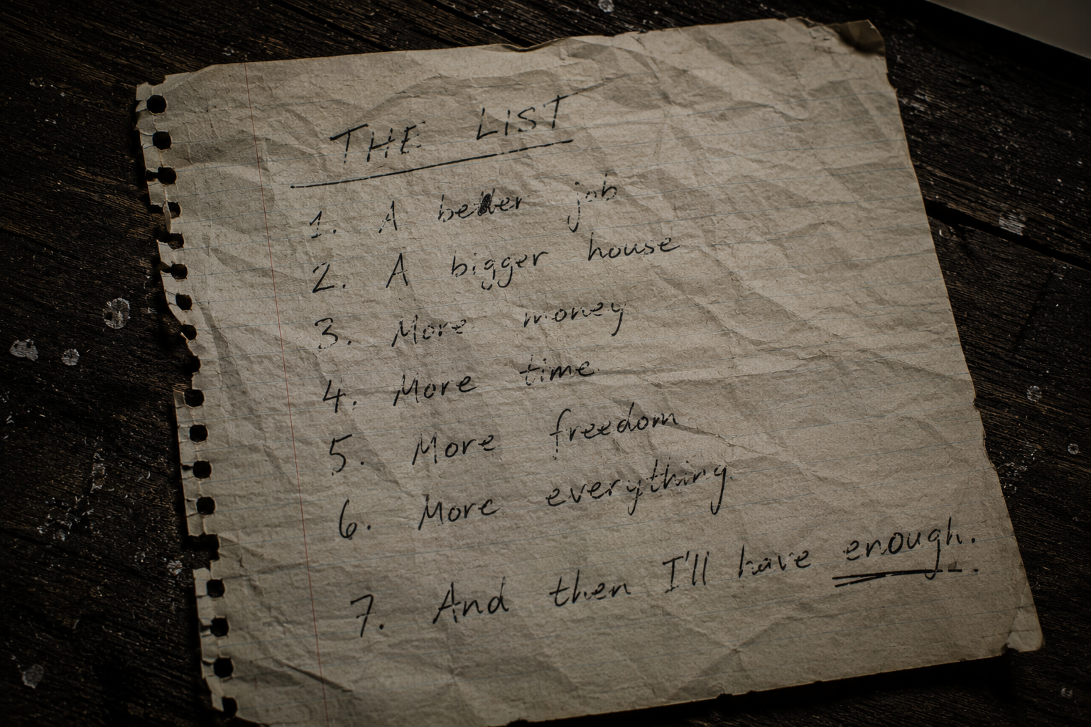 A crumpled handwritten list titled THE LIST: a better job, a bigger house, more money, more time, more freedom, more everything, and then I'll have enough.