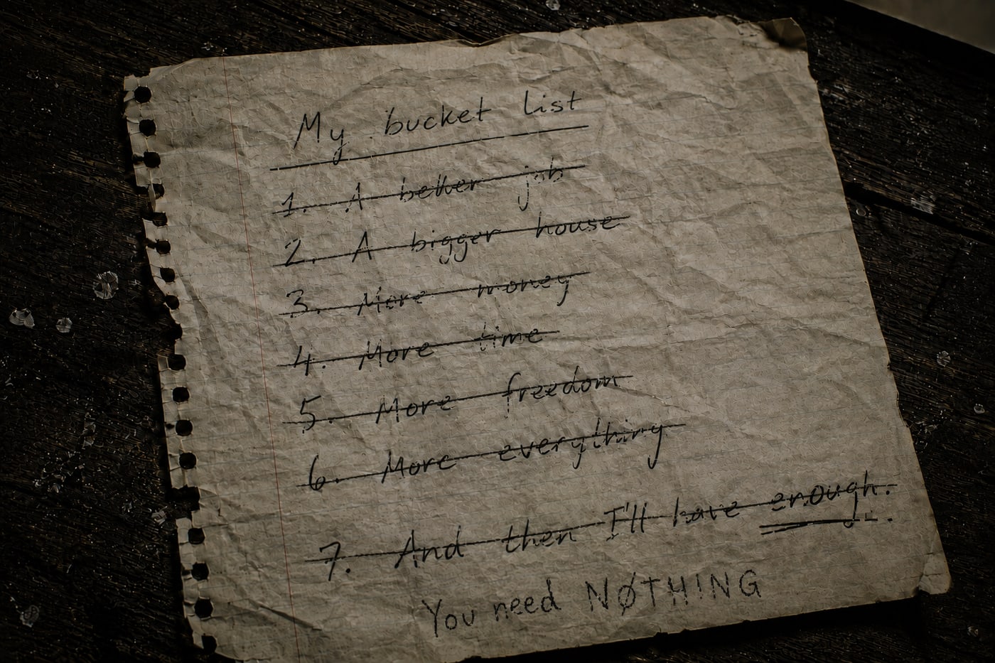 The same list, every line now crossed out, with three words added underneath in a slower, older hand: You need NØTHING.