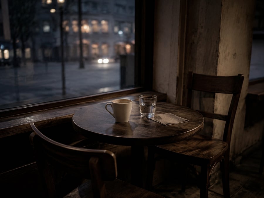 A dim café table by a rain-dark window at night, an empty coffee cup and a glass of water.
