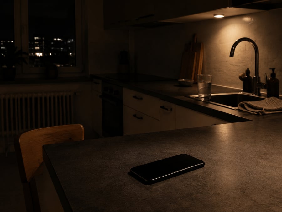 A dark kitchen at night, a phone lying face-down on the counter.
