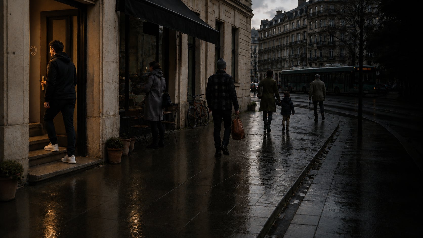 A rainy dusk street. Strangers hurry past on the wet cobblestones while one person steps through a warm-lit doorway marked with a small gold Ø — the moment of leaving the race behind and walking in.